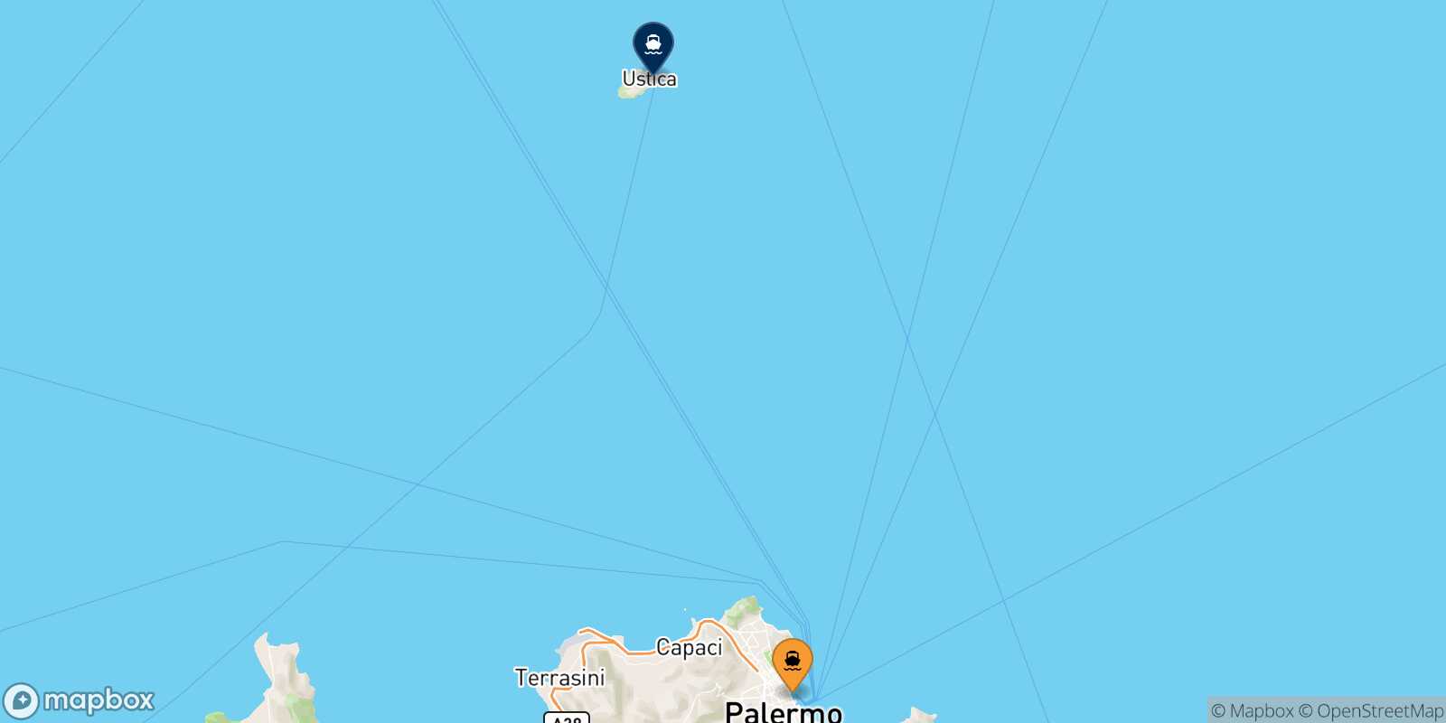 Mapa de los puertos conectados con  Cala S.maria (Ustica)