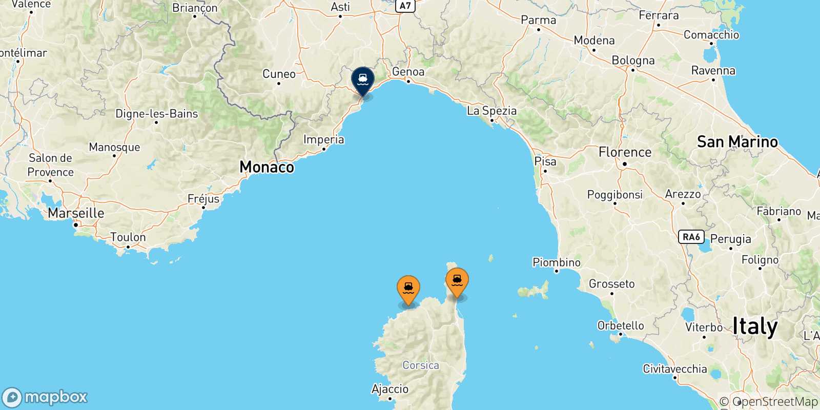 Mapa de las posibles rutas entre Córcega y  Savona