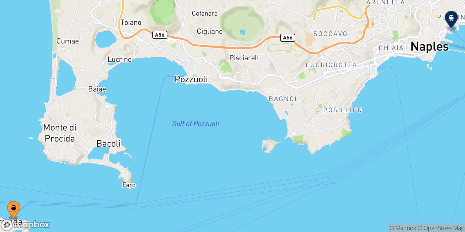 Mapa de la ruta Procida Nápoles Beverello