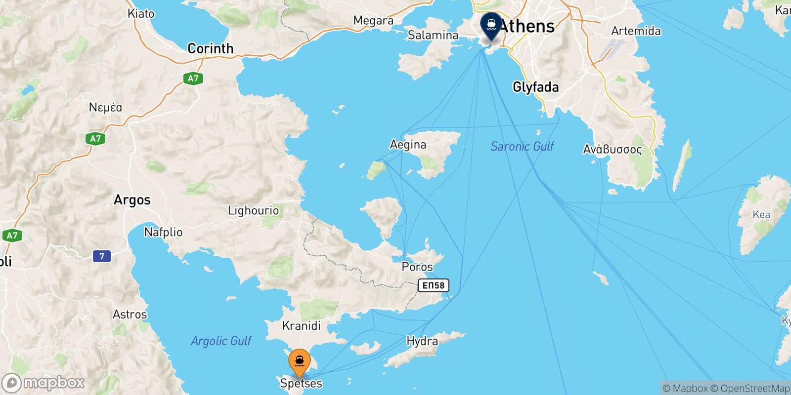 Mapa de la ruta Spetses El Pireo
