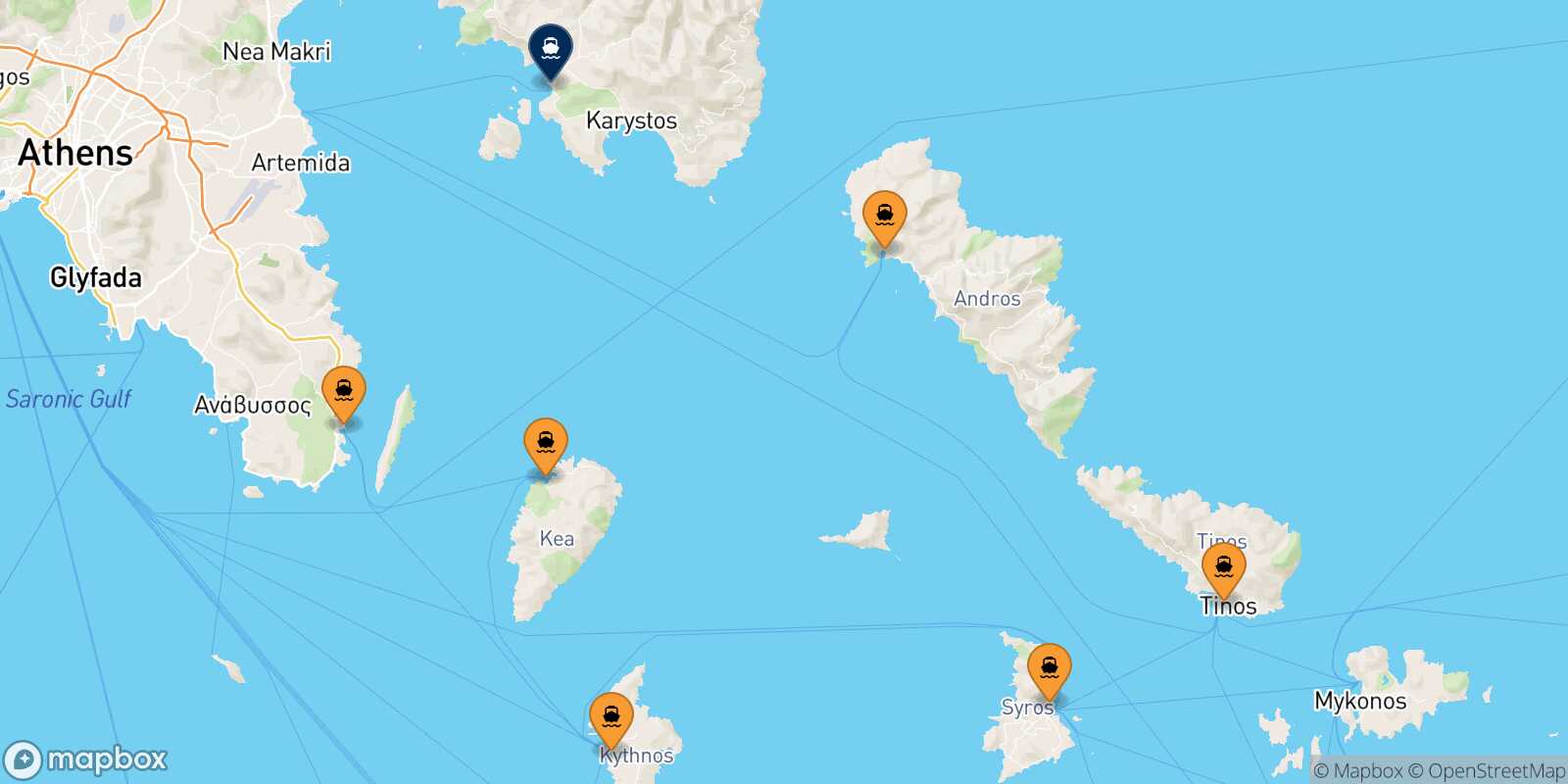 Mapa de los puertos conectados con  Marmari