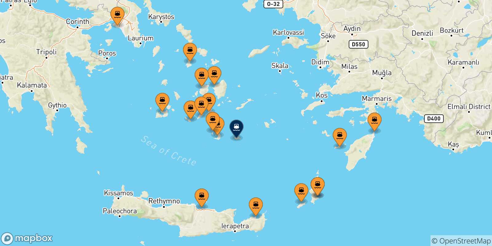 Mapa de las posibles rutas entre Grecia y  Anafi