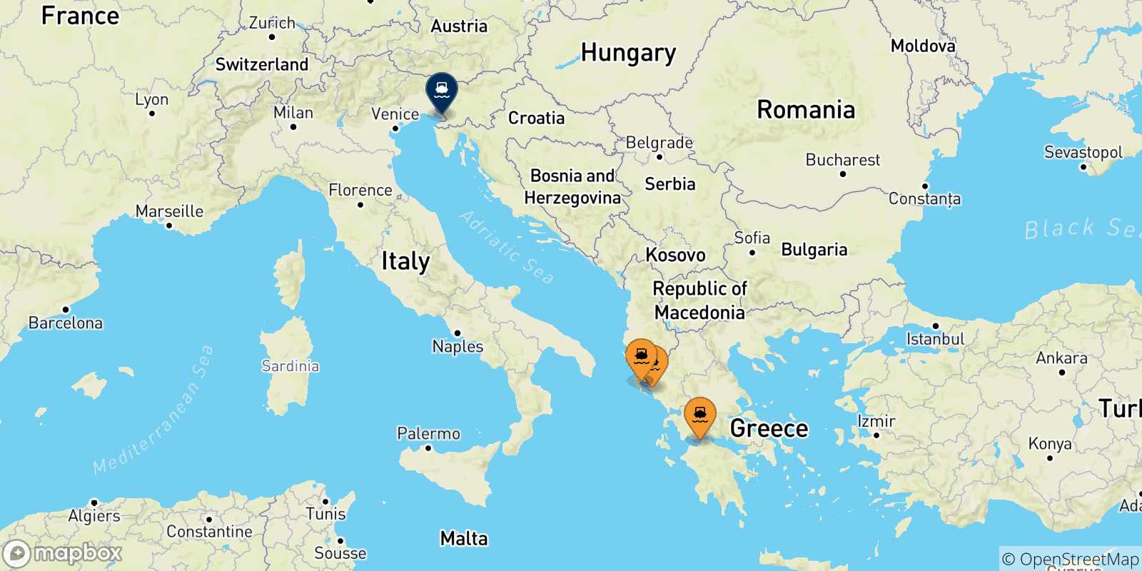 Mapa de las posibles rutas entre Grecia y  Trieste