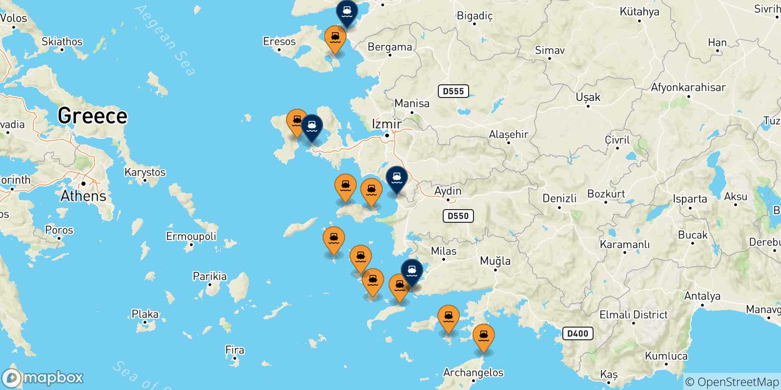 Mapa de las posibles rutas entre Grecia y  Turquía