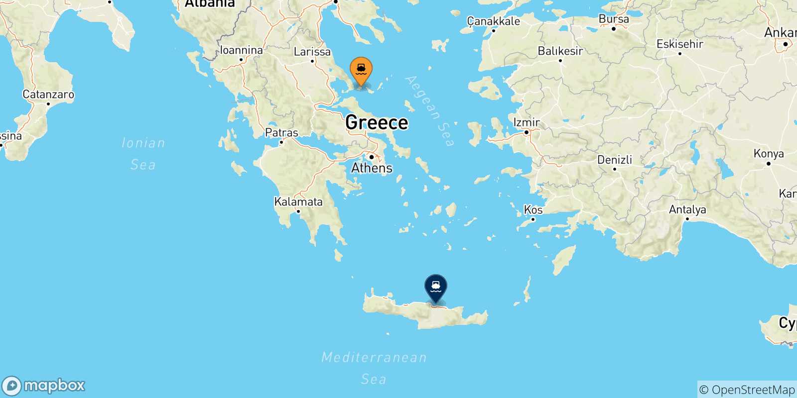 Mapa de las posibles rutas entre Islas Espóradas y  Heraklion