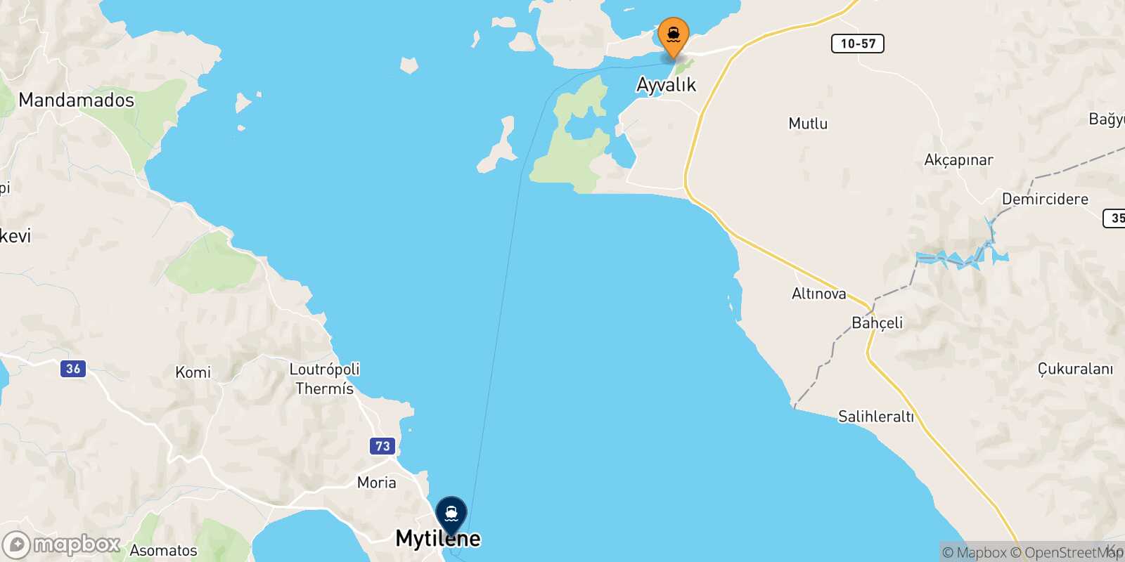 Mapa de los destinos alcanzables de Ayvalik