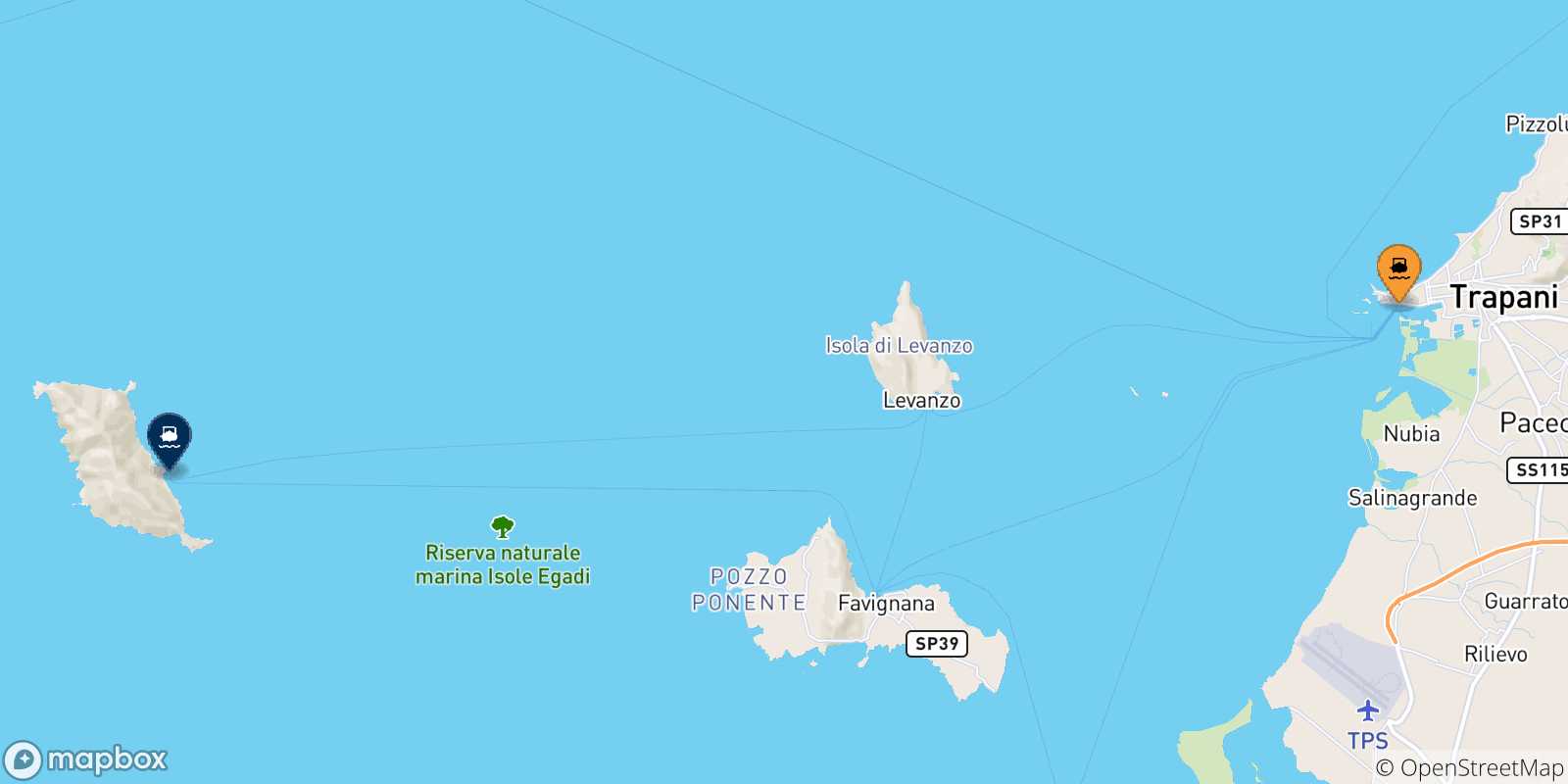 Mapa de las posibles rutas entre Sicilia y  Marettimo