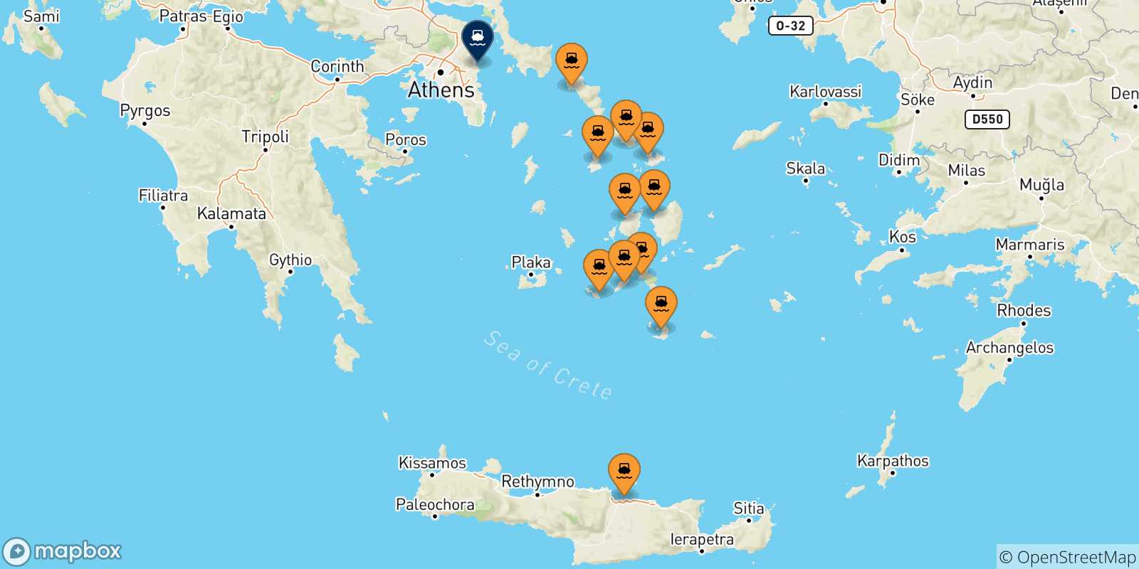 Mapa de las posibles rutas entre Grecia y  Rafina