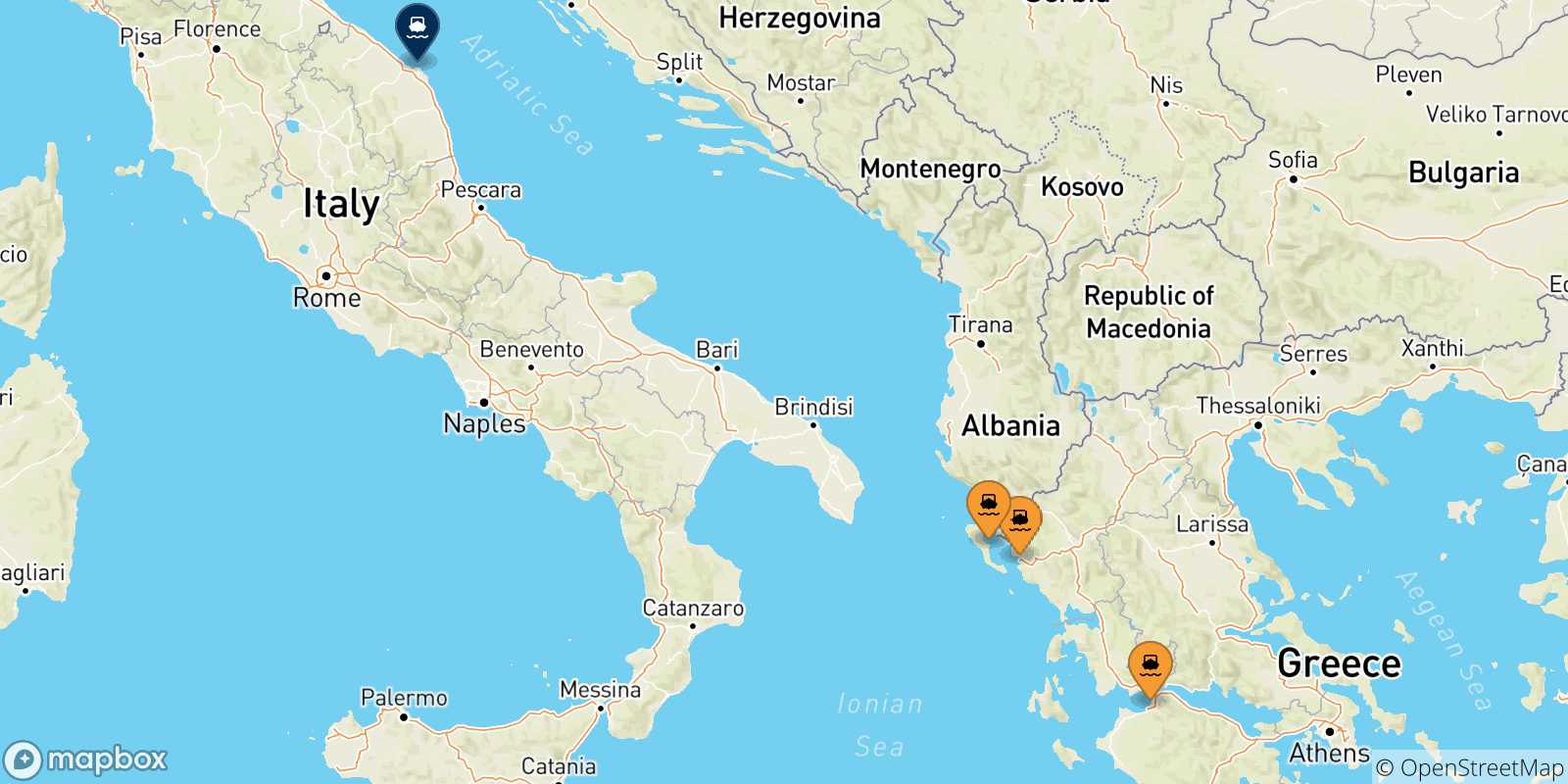 Mapa de las posibles rutas entre Grecia y  Ancona