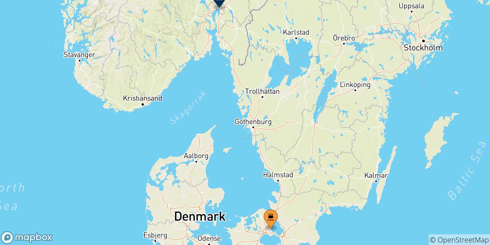 Mapa de los destinos alcanzables de Dinamarca