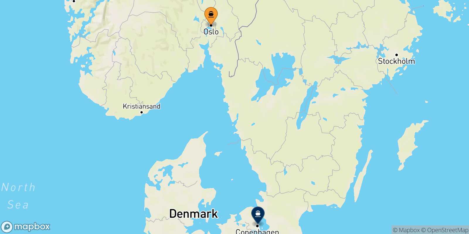 Mapa de los puertos conectados con  Copenhague