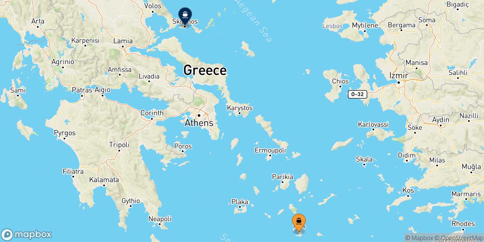 Mapa de la ruta Santorini Skiathos