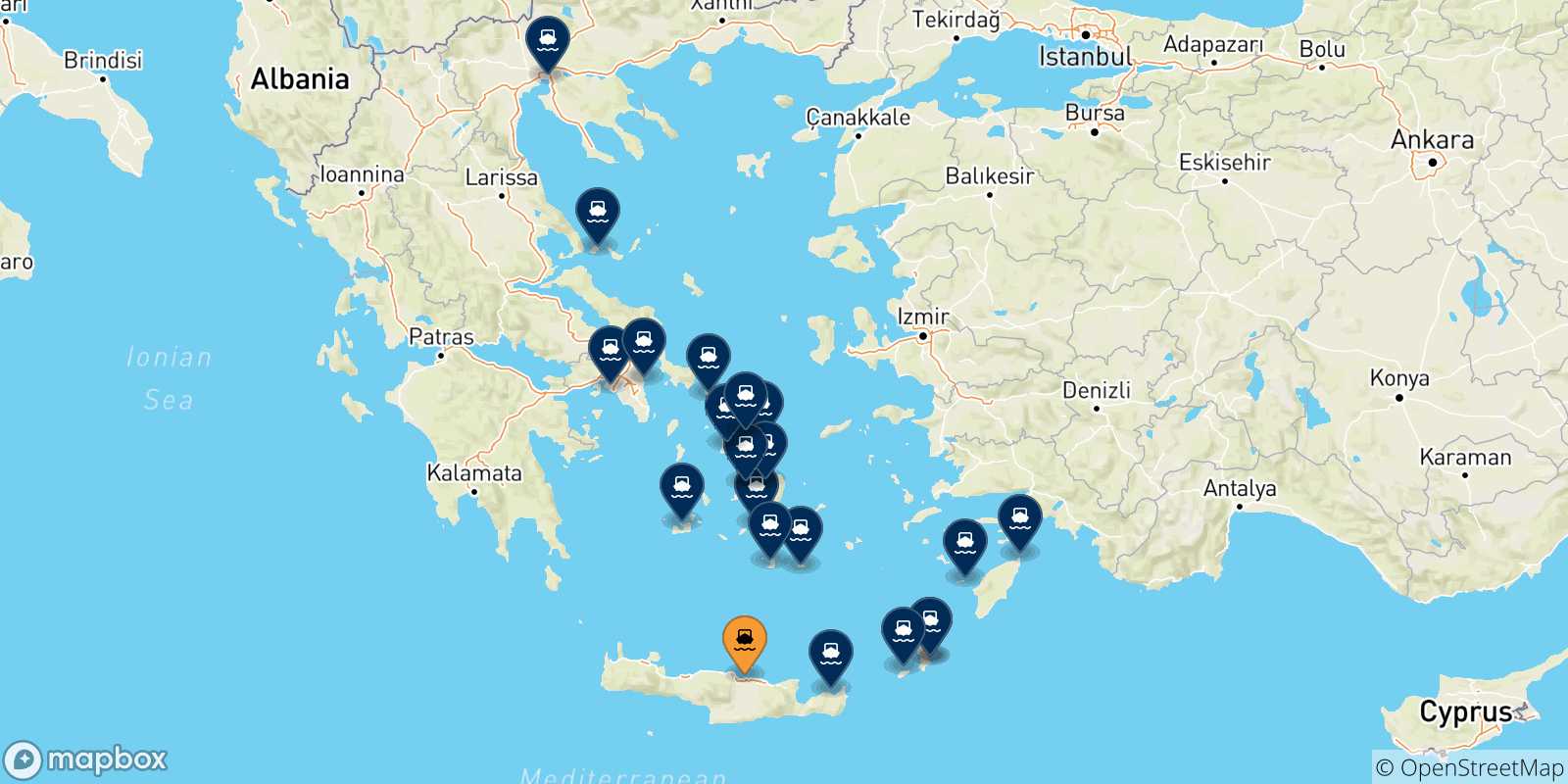 Mapa de las posibles rutas entre Heraklion y  Grecia
