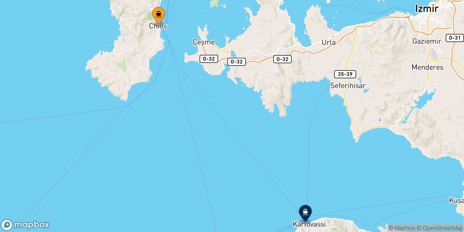 Mapa de la ruta Quios Karlovassi (Samos)