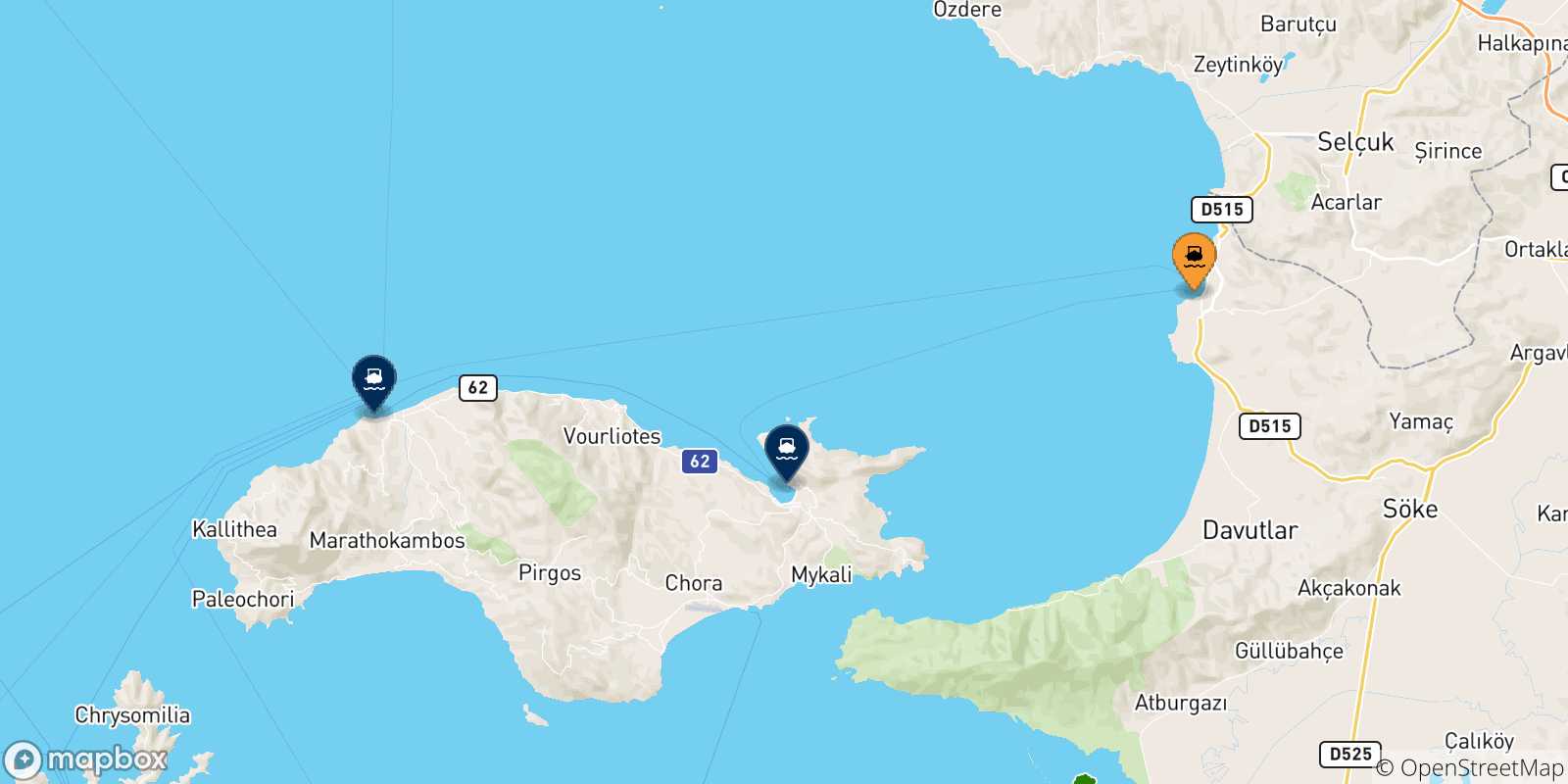Mapa de las posibles rutas entre Kusadasi y  Grecia