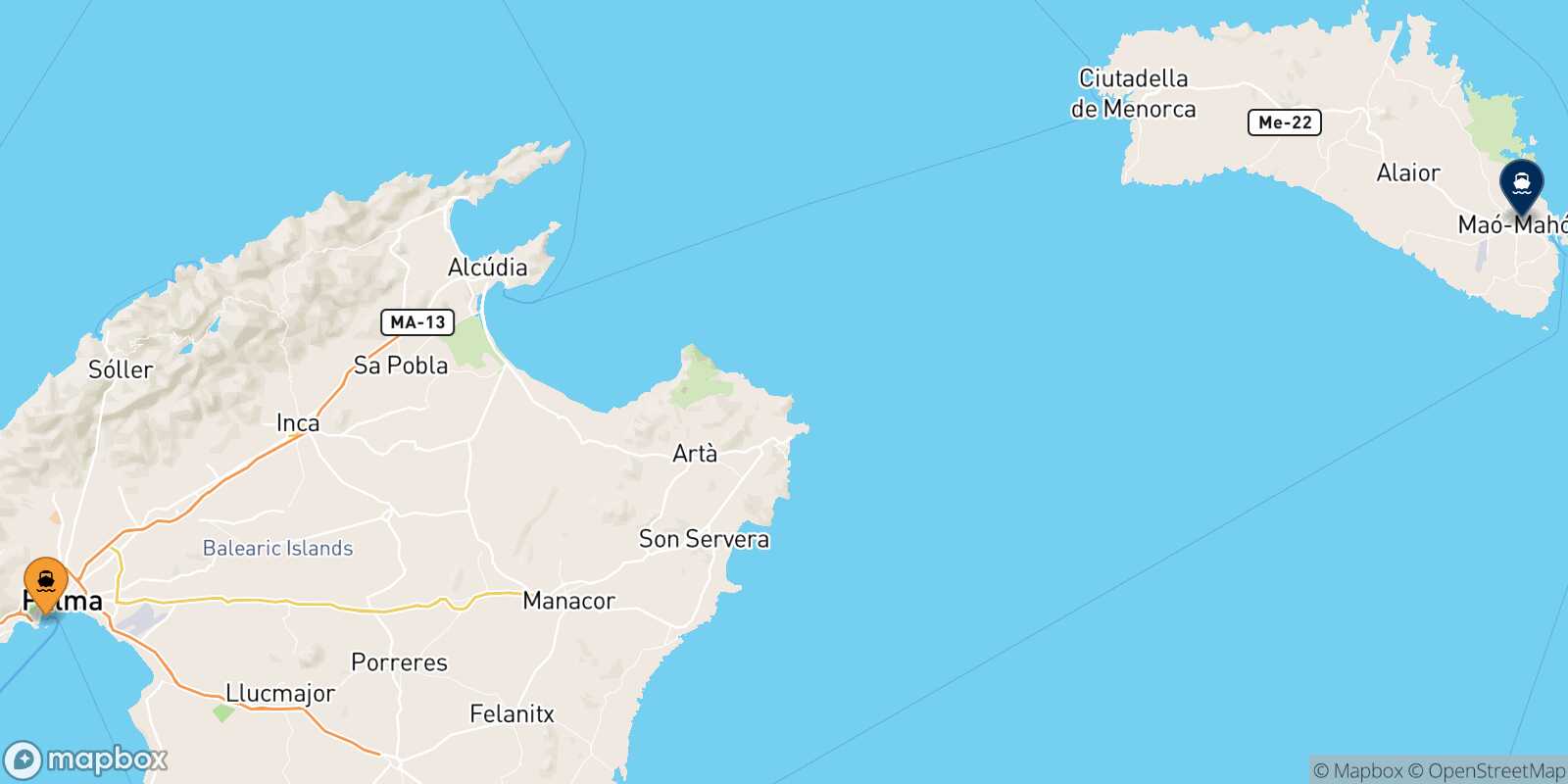 Mapa de la ruta Palma De Mallorca Mahon (Menorca)