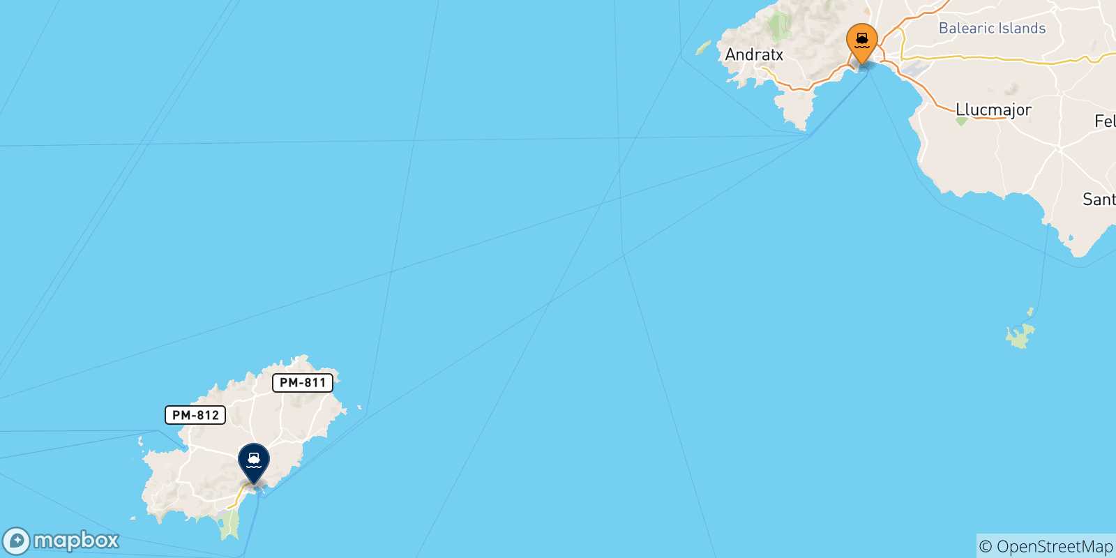 Mapa de las posibles rutas entre Palma De Mallorca y  Islas Baleares