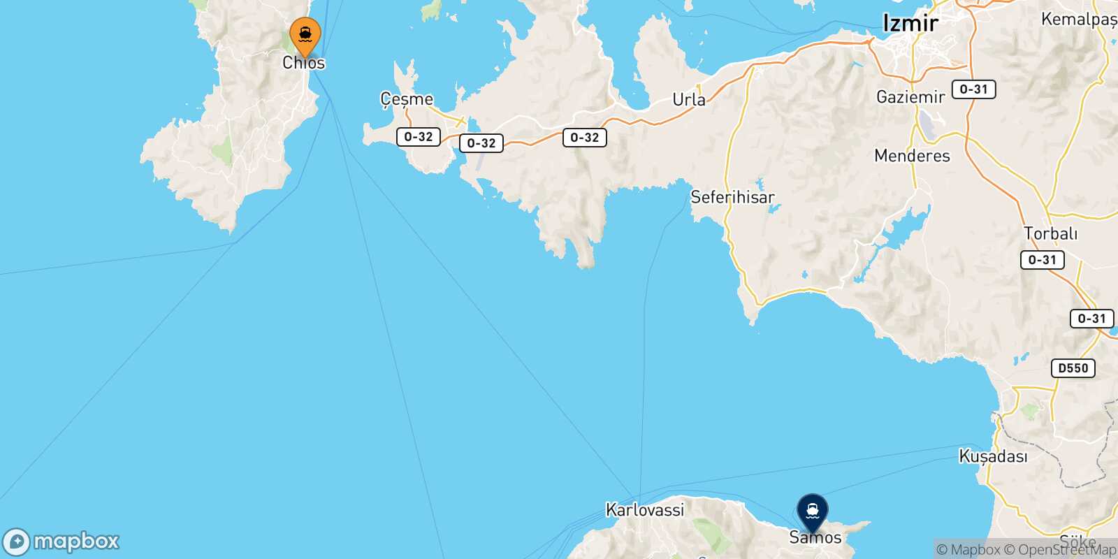 Mapa de la ruta Quios Vathi (Samos)